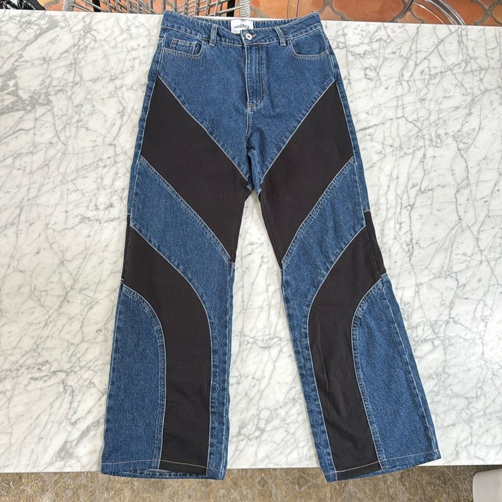 Free People Mandinga Colorblock Wave Jeans Denim Retro Pants Sz L (Fit like M)